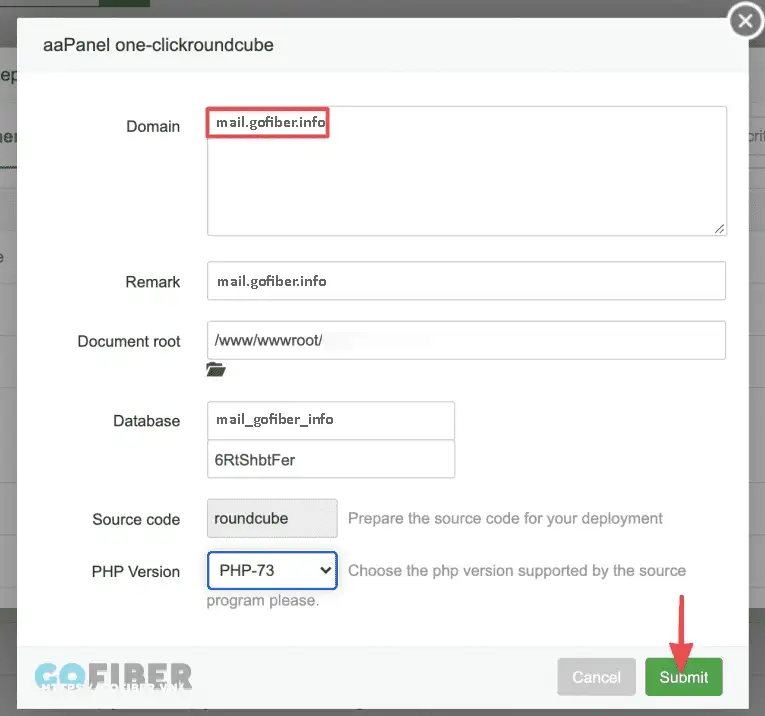 Điền các thông tin cài đặt RoundCube trên aaPanel