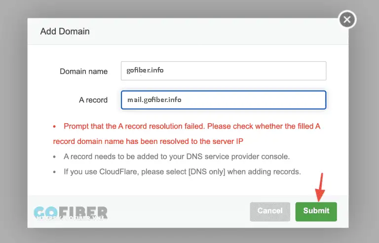 Nhập thông tin gồm Domain Nam, A record sau đó chọn Submit