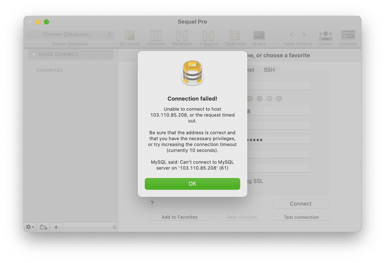 Kết nối thất bại vì chưa mở port 3306.
