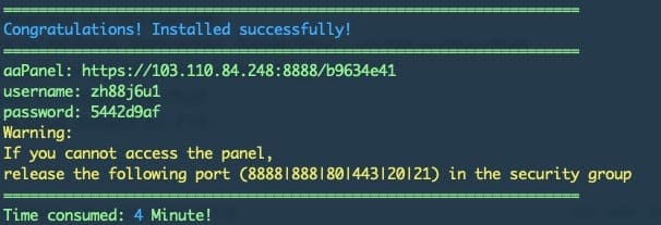 Cài đặt AAPanel hoàn tất kèm thông tin đăng nhập