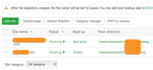 Giao diện danh sách webstie trên aaPanel.